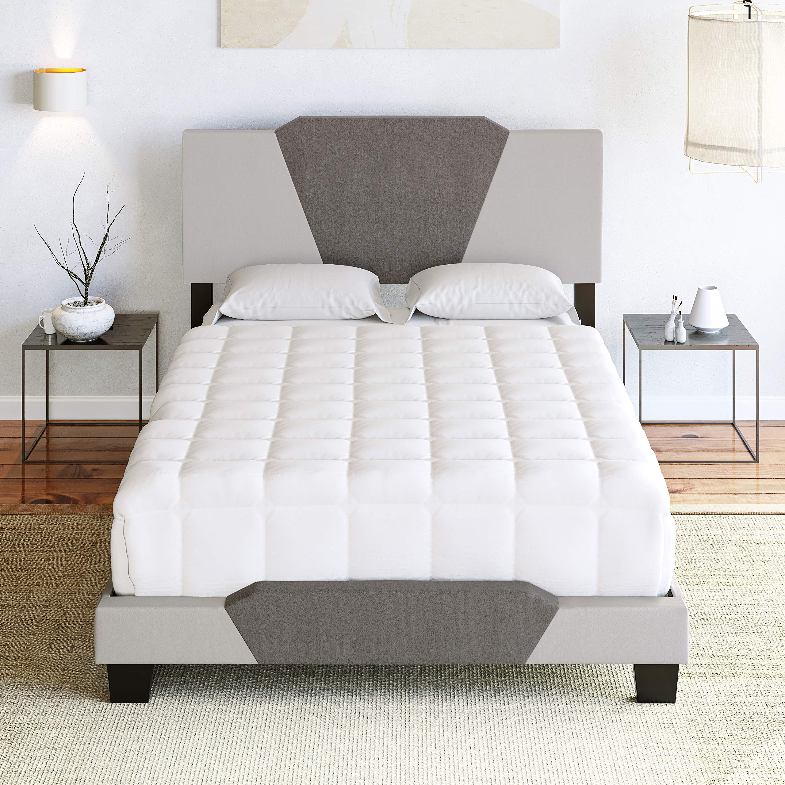 Boyd Sleep Tuscany Upholstered Platform Bed Frame Mattress Foundation With Headboard And Strong Wood Slat Supports: Linen, Brown/Taupe, Queen